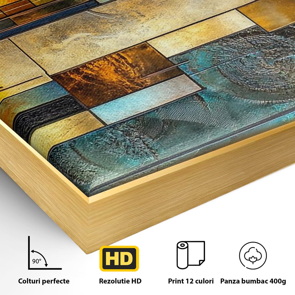 Detaliu al suprafetei: tablou abstract geometric cu texturi metalice, in rama de aluminiu auriu